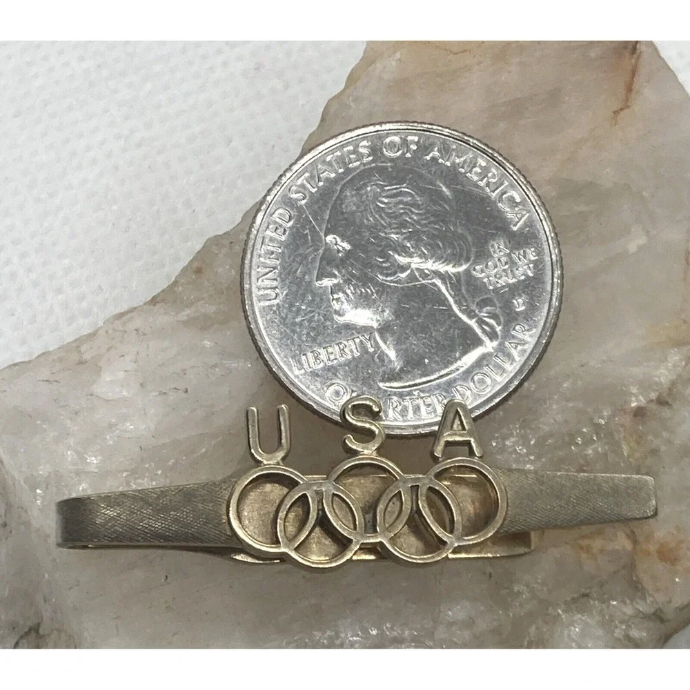 Vintage Dante USA Olympics Tie‎ Bar Gold Tone Metal Retro Minimalist Mens